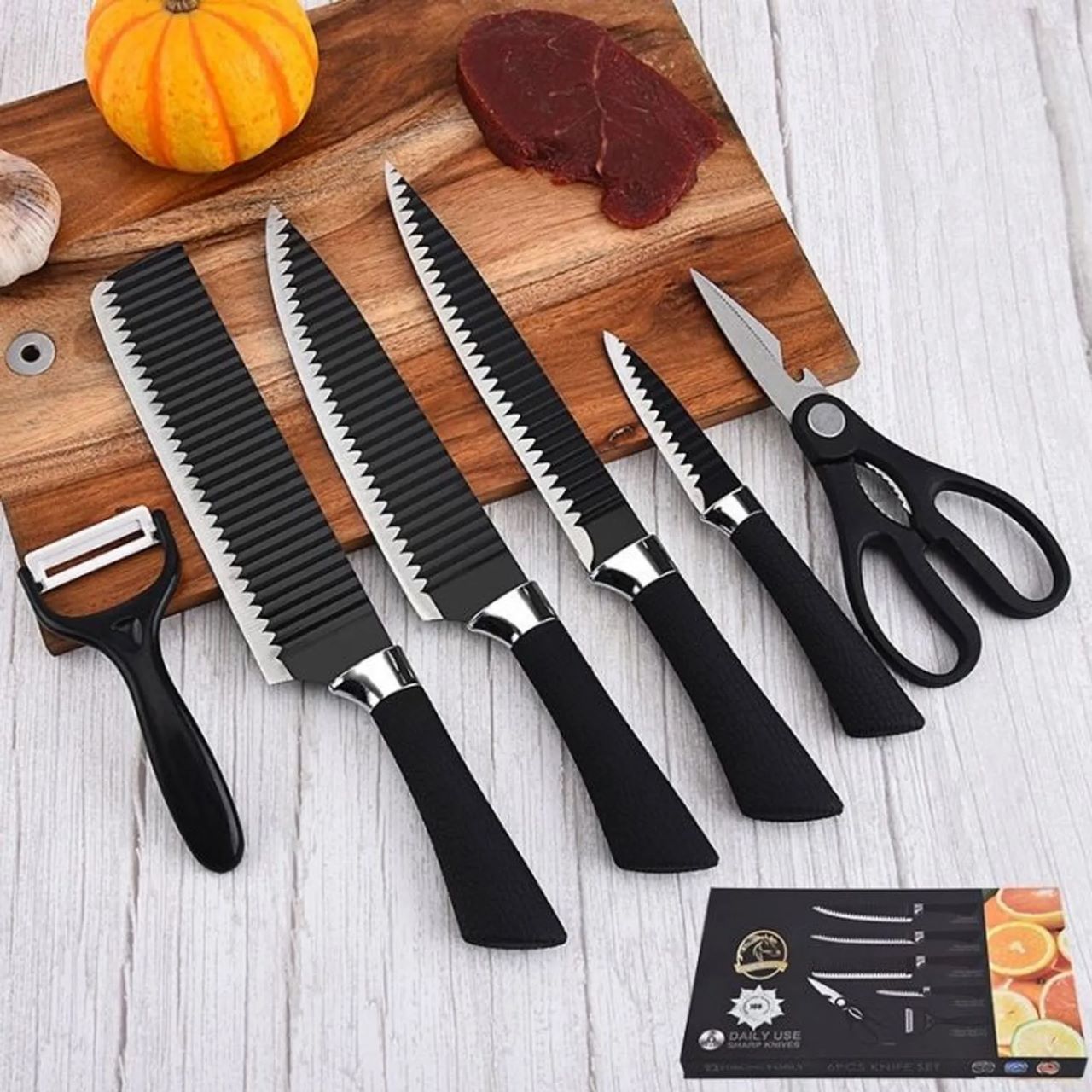 Stainless Steel Kitchen Knife Set 6 Pcs Black Chef Knife Set Non-Stick Blades