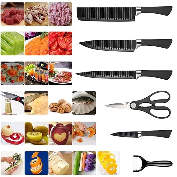 Stainless Steel Kitchen Knife Set 6 Pcs Black Chef Knife Set Non-Stick Blades