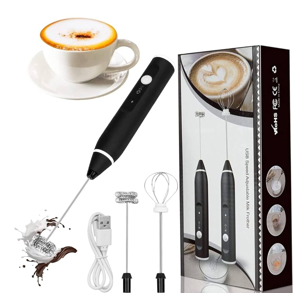 Rechargeable Milk Frother Handheld Electric Foam Maker with Stainless Whisk 3 Speed for Bulletproof Coffee Latte Cappuccino