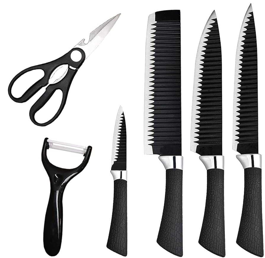 Stainless Steel Kitchen Knife Set 6 Pcs Black Chef Knife Set Non-Stick Blades