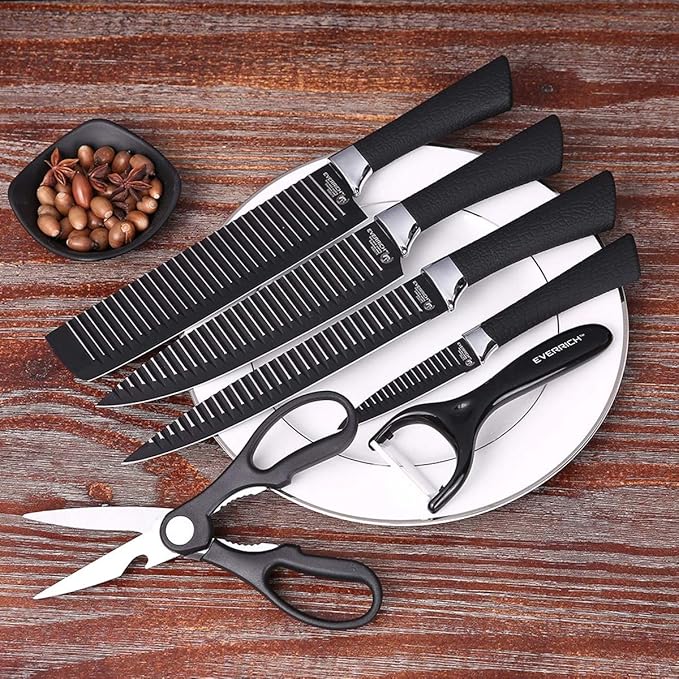Stainless Steel Kitchen Knife Set 6 Pcs Black Chef Knife Set Non-Stick Blades