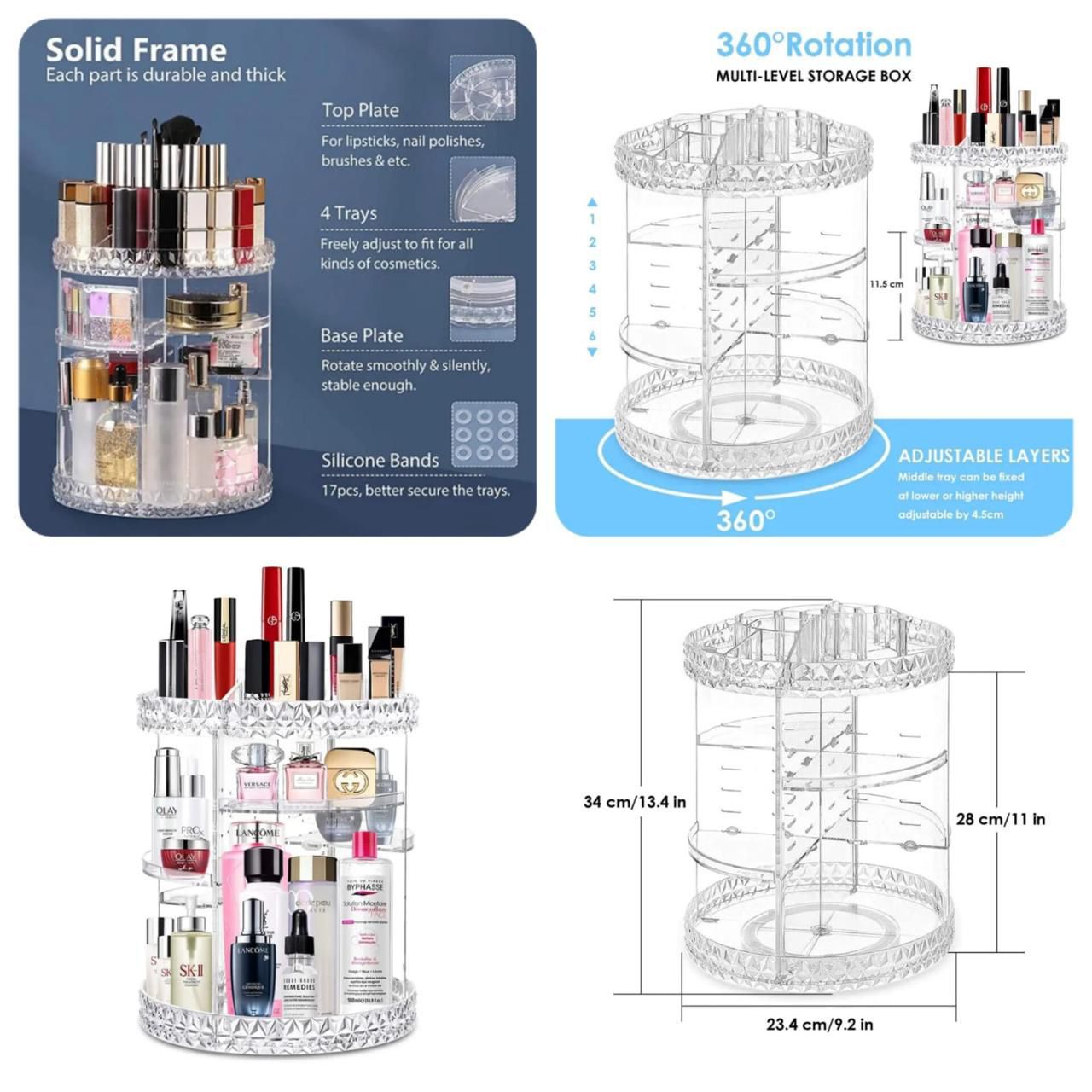 Makeup Organiser, 360 Degree Acrylic Rotating Beauty Organiser for Cosmetic Perfume Jewellery