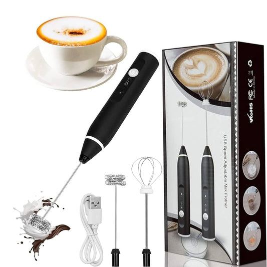 Rechargeable Milk Frother Handheld Electric Foam Maker with Stainless Whisk 3 Speed for Bulletproof Coffee Latte Cappuccino
