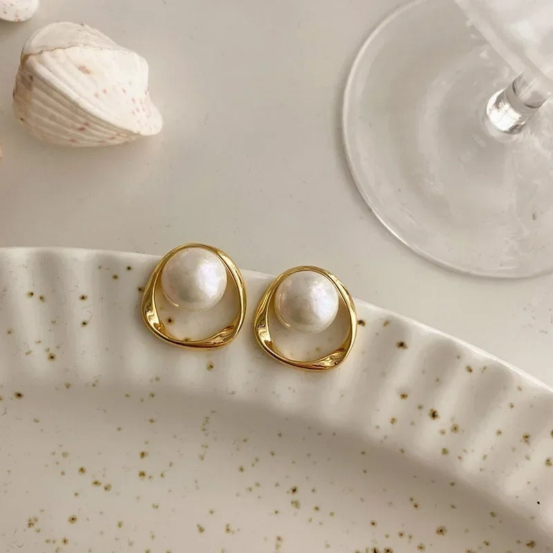 Pearl Studs with irregular Imitation Gold design Earrings